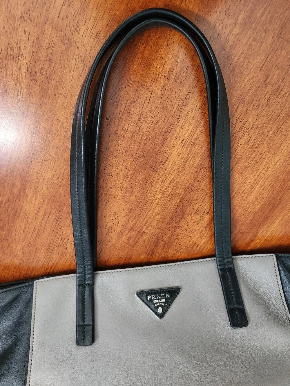 Prada Soft Calf Bicolor Tote In Gray And Black Leather With Pristine Interior